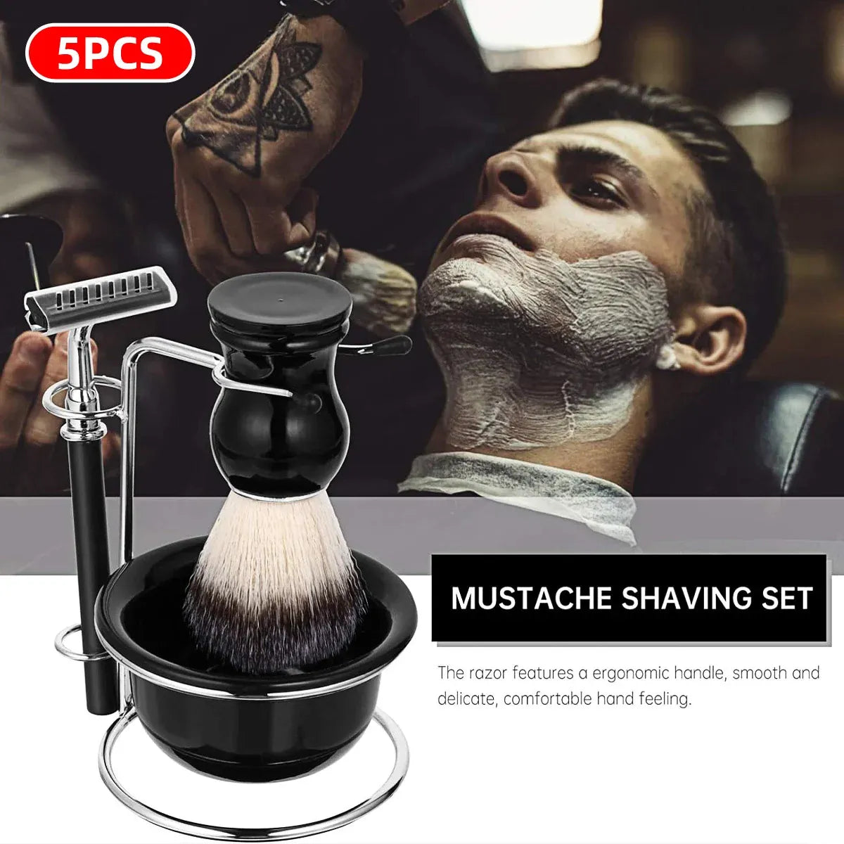 5PCS Shaving Kit Set Manual Razor Brush Stand Bowl Set for Men